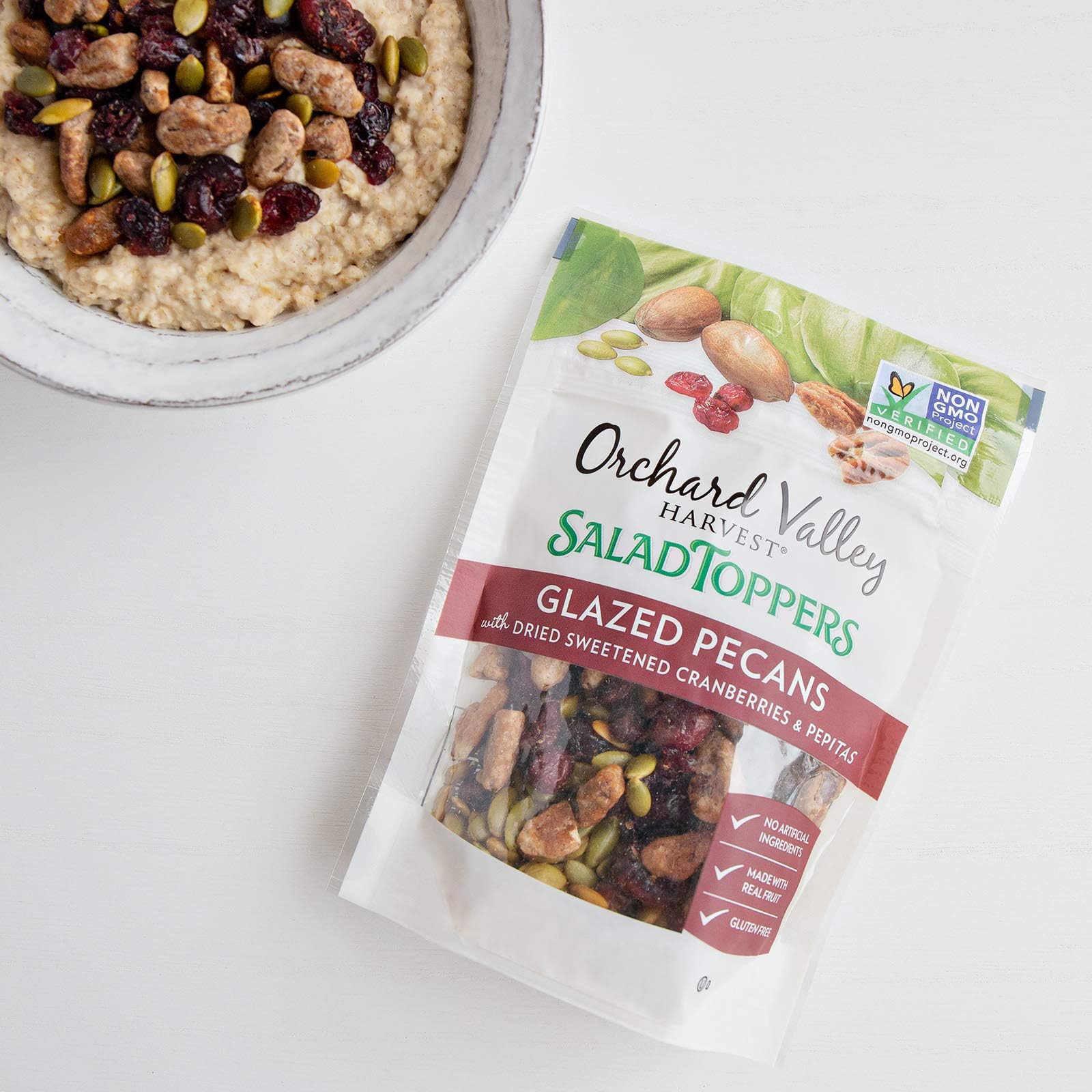 Orchard Valley Harvest glazed pecans close-up shows natural ingredients and wholesome texture