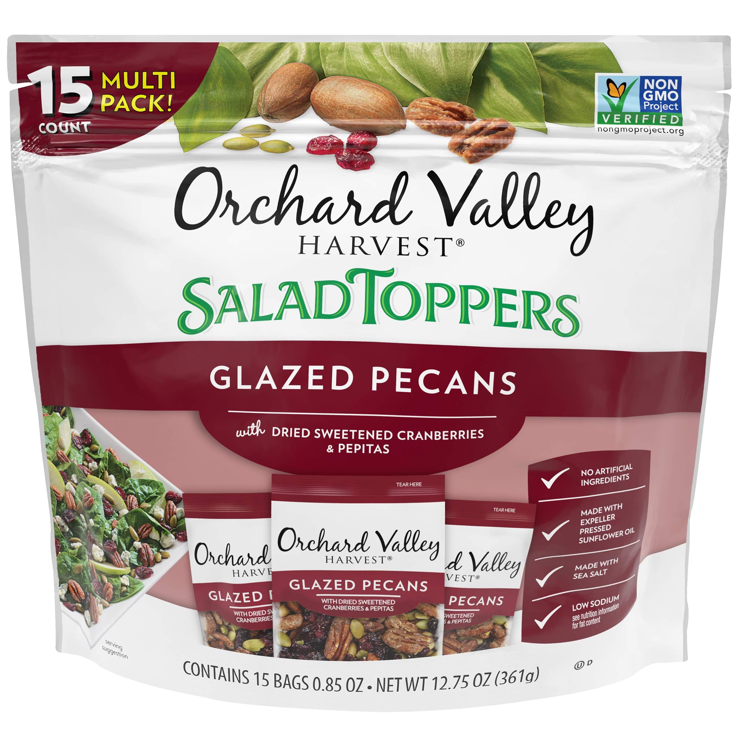 Orchard Valley Harvest glazed pecans salad toppers on a fresh salad add crunch and flavor