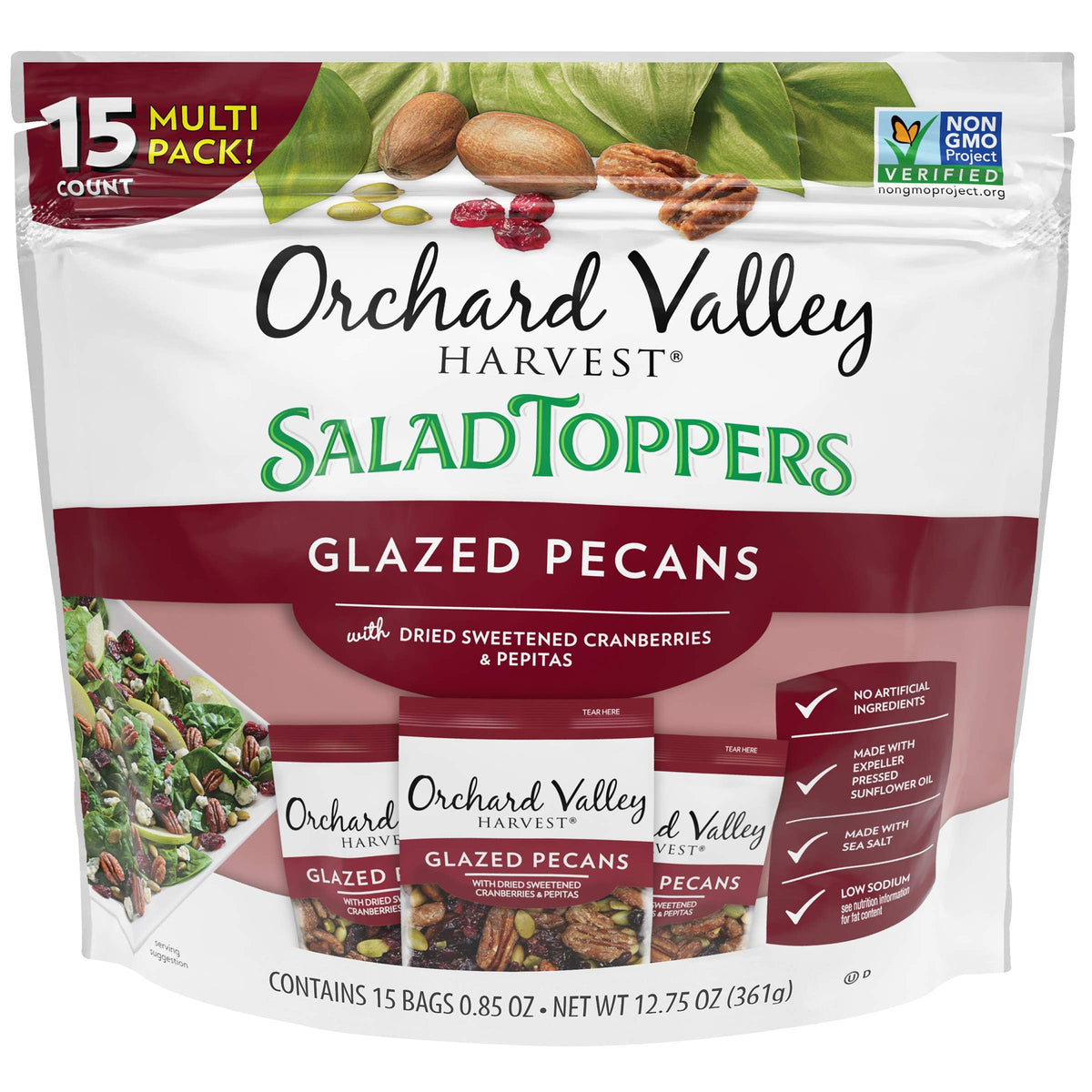 Orchard Valley Harvest glazed pecans salad toppers on a fresh salad add crunch and flavor