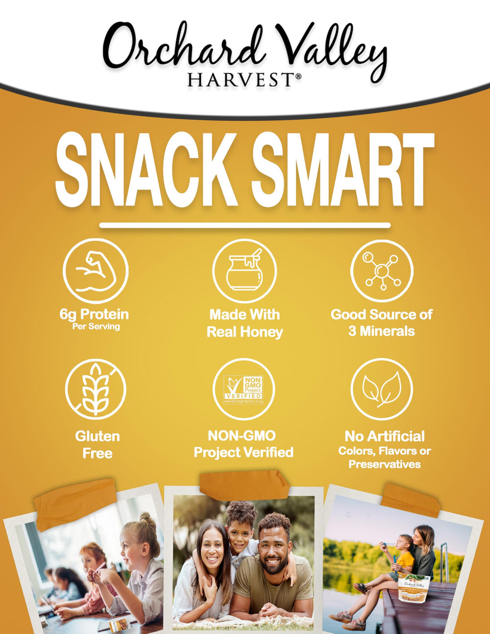 Packaging shows gluten-free and Non-GMO verification for Orchard Valley Harvest