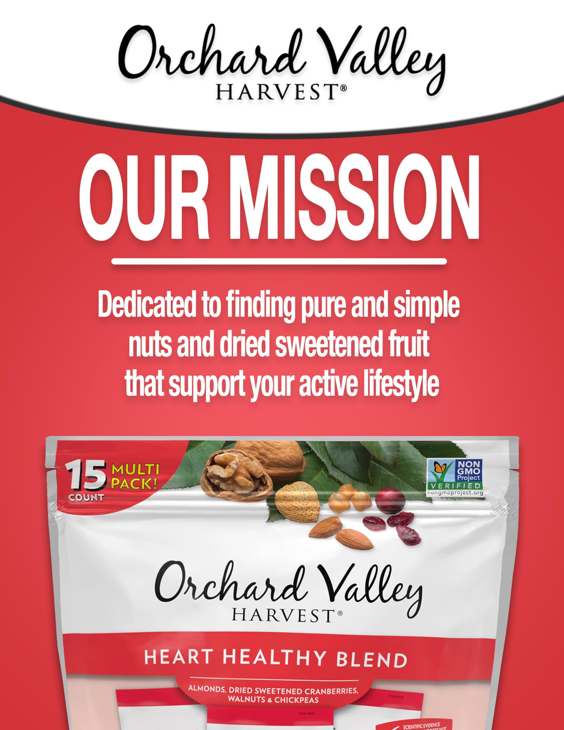 Orchard Valley Harvest Heart Healthy Blend packaging; 15 single-serve bags for easy portion control