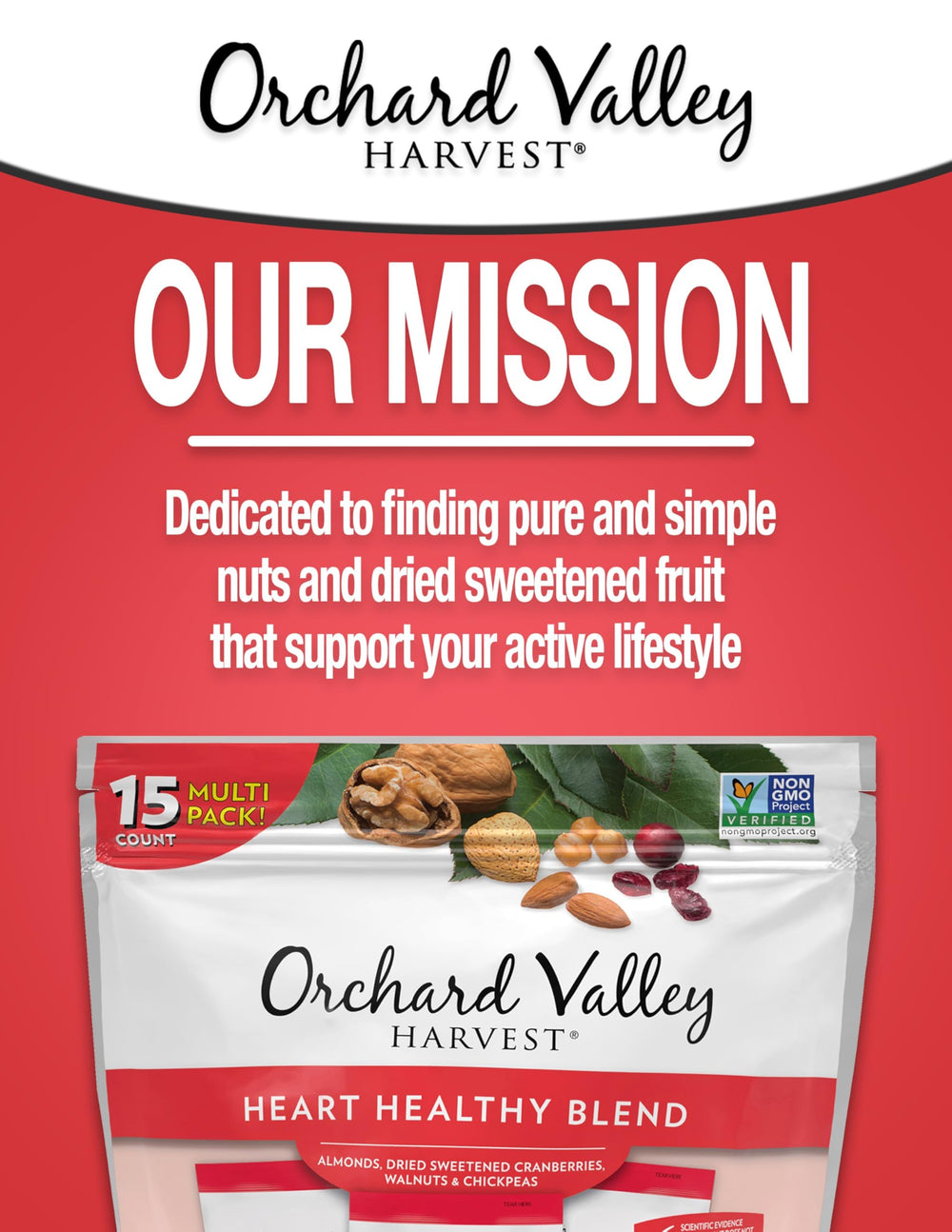 Orchard Valley Harvest Heart Healthy Blend packaging; 15 single-serve bags for easy portion control
