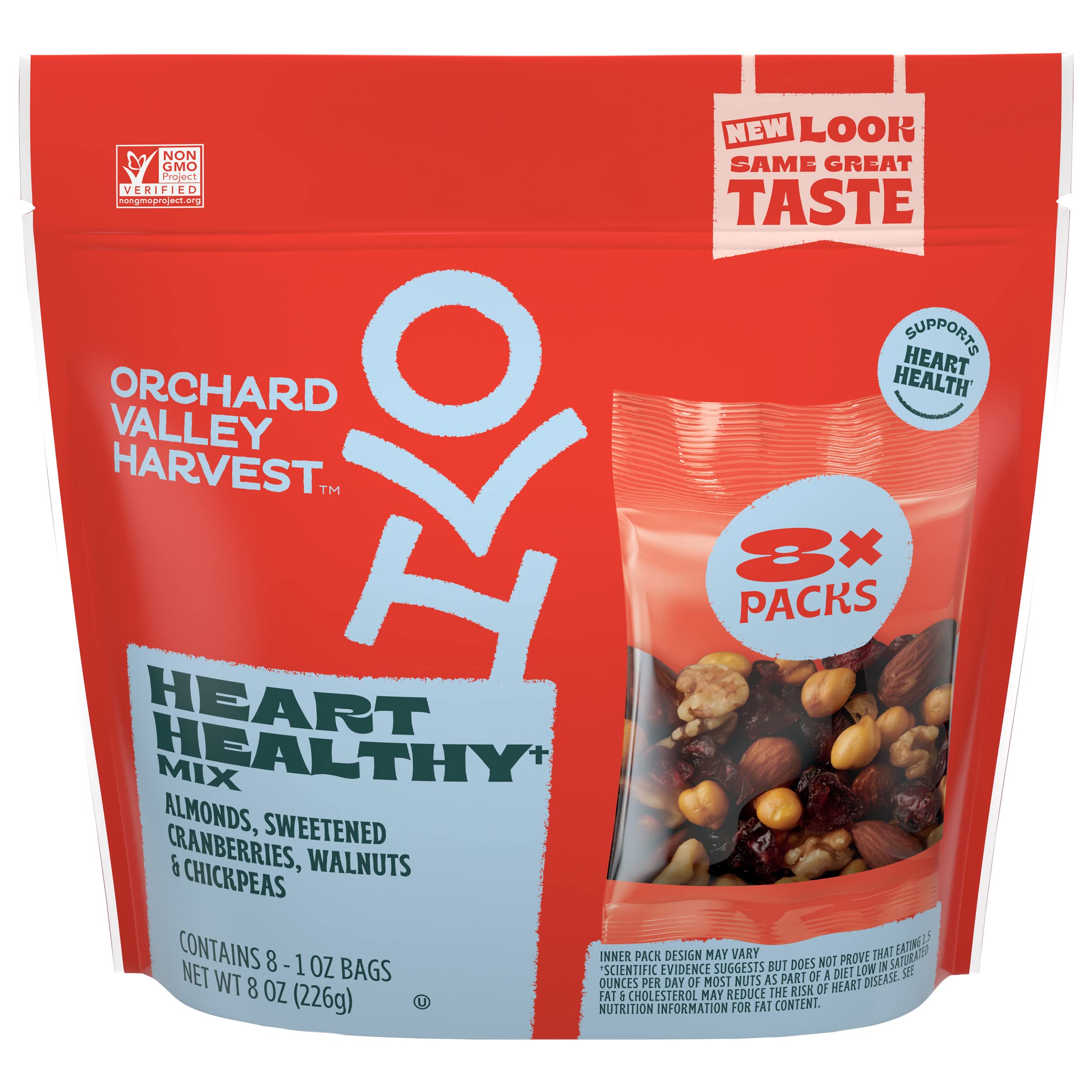 Orchard Valley Harvest Heart Healthy Mix almonds-cranberries-walnuts-chickpeas in a portable 1 oz bag.