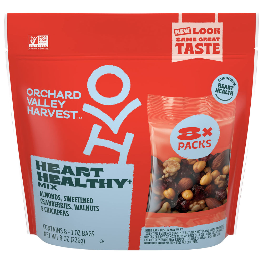 Orchard Valley Harvest Heart Healthy Mix almonds-cranberries-walnuts-chickpeas in a portable 1 oz bag.