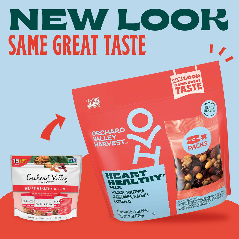 Orchard Valley Harvest Heart Healthy Mix-crunchy-nuts-dried-fruit provides 4g plant-based protein per serving.