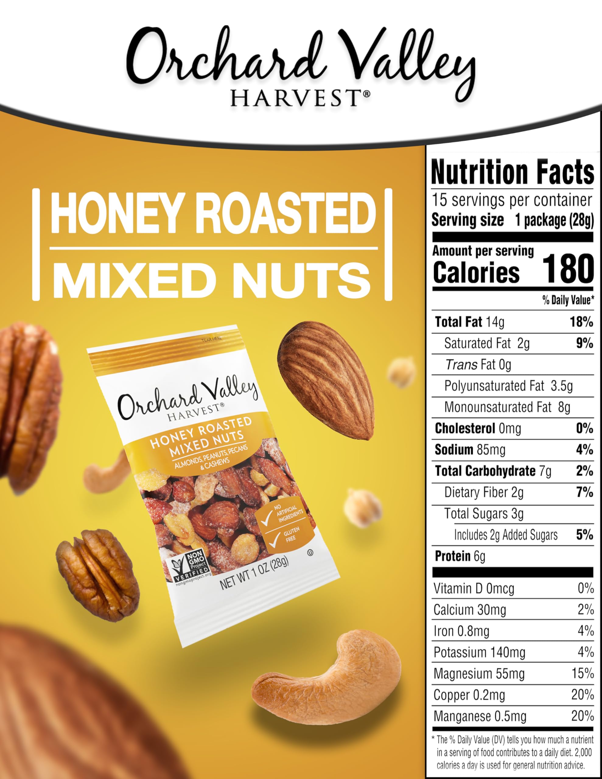 Orchard Valley Harvest honey-roasted mix with almonds, peanuts, pecans, cashews for a satisfying snack