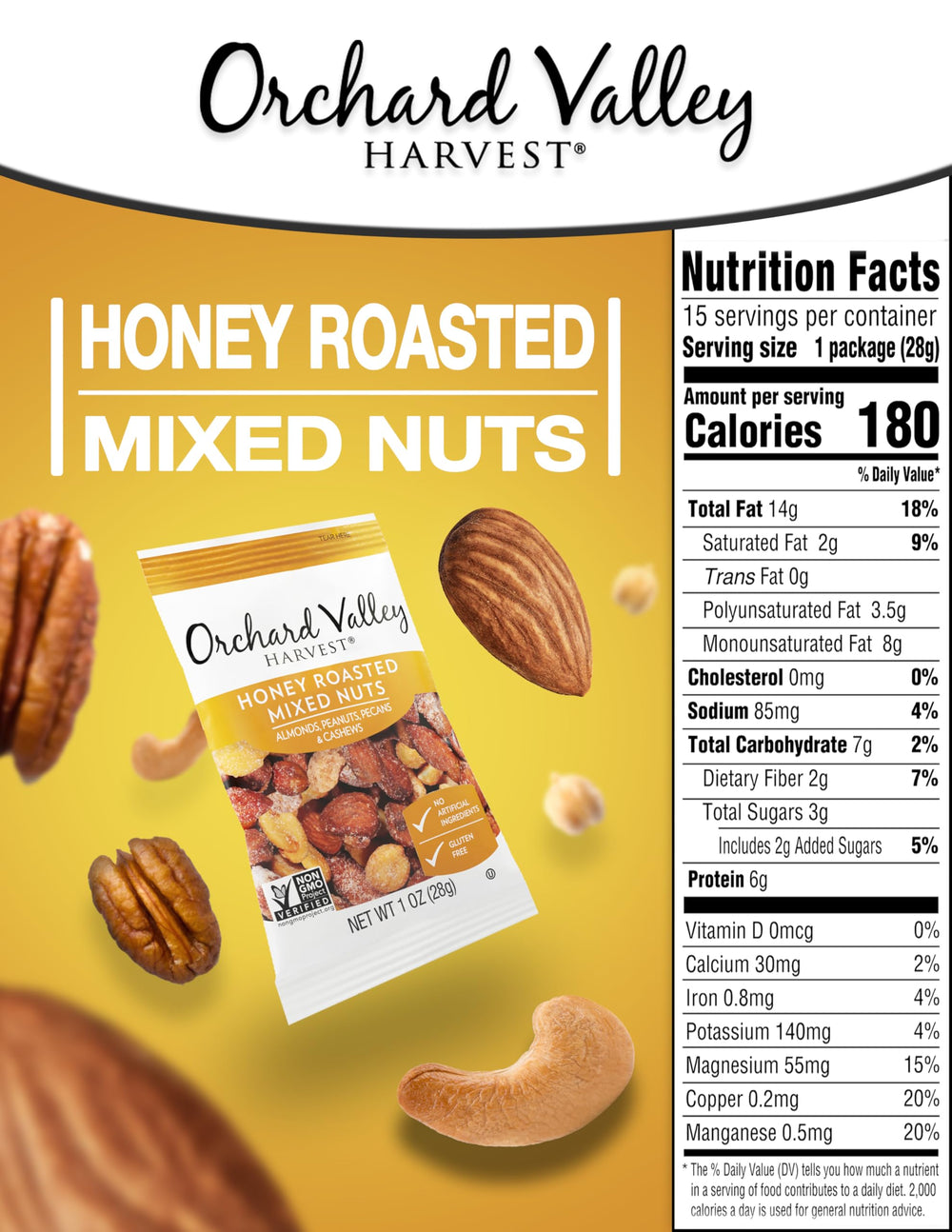 Orchard Valley Harvest honey-roasted mix with almonds, peanuts, pecans, cashews for a satisfying snack