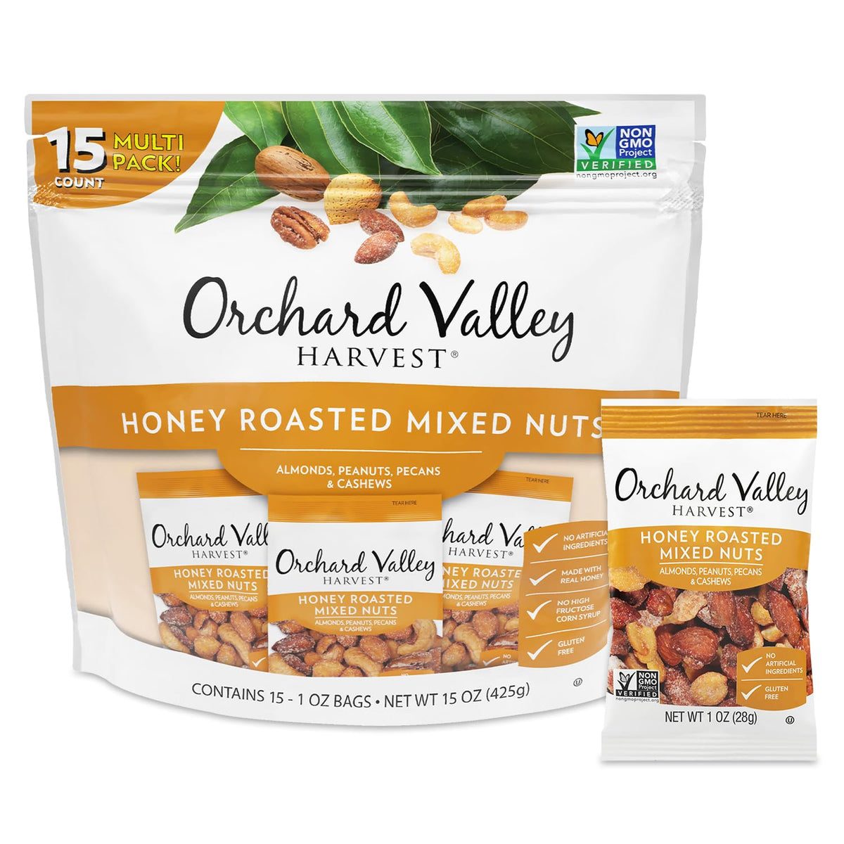Orchard Valley Harvest honey roasted mixed nuts in 15 one-ounce packs for on-the-go snacking