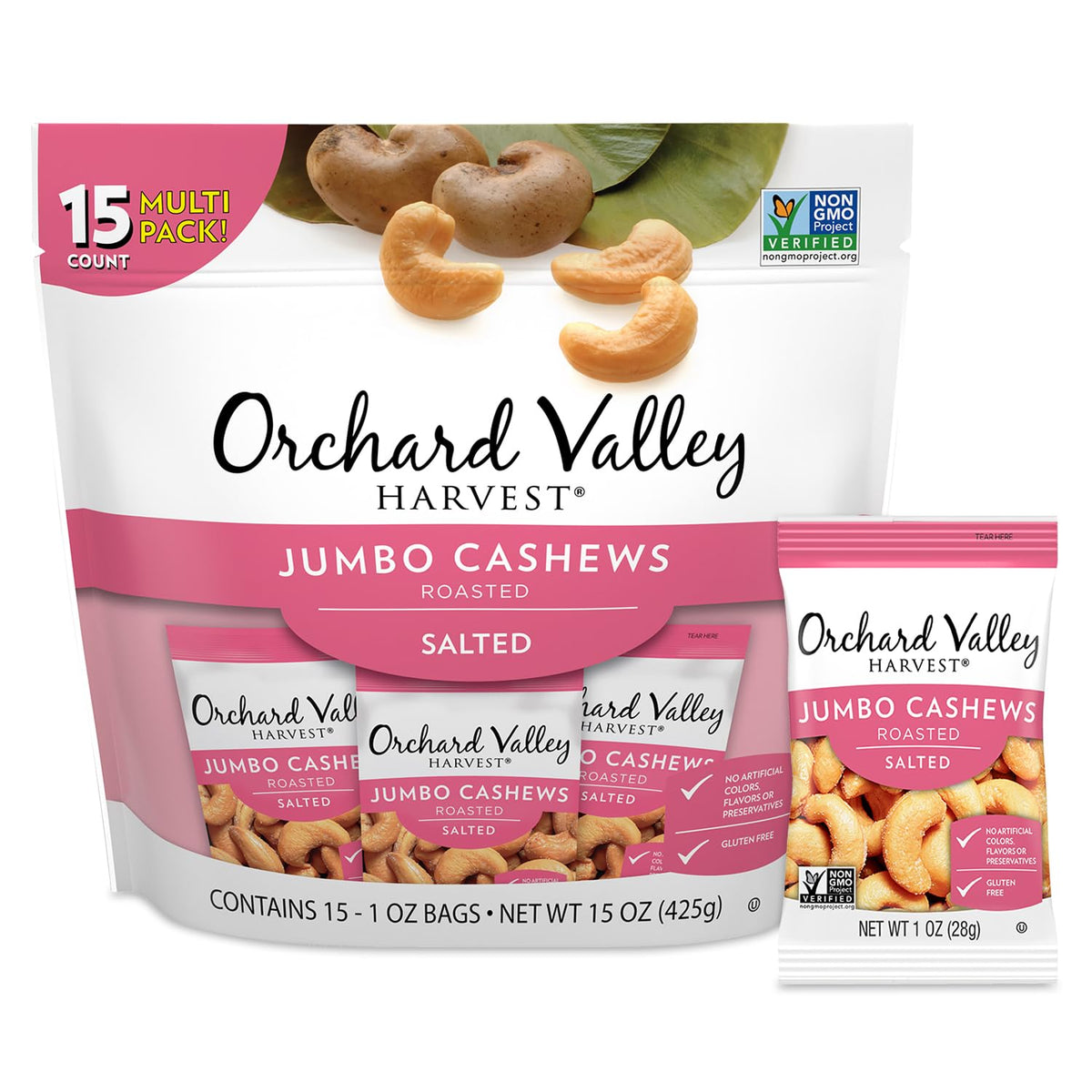 Orchard Valley Harvest jumbo cashews 15-pack 1 oz bags for on-the-go snacking.