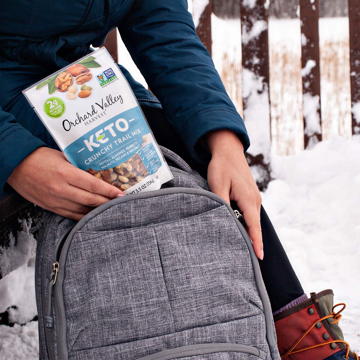 Orchard Valley Harvest Keto Crunchy Trail Mix walnuts close-up; heart-healthy fats and nuttiness.