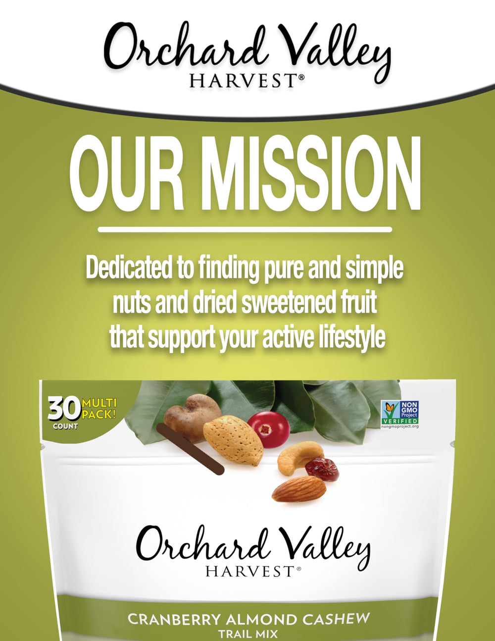 Orchard Valley Harvest non-GMO label closeup, reassuring clean ingredients.