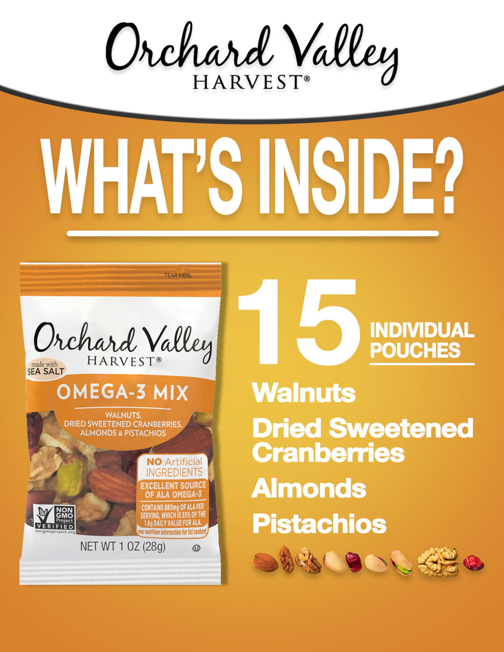 Orchard Valley Harvest Omega-3 Mix almonds: hearty crunch for a quick snack.