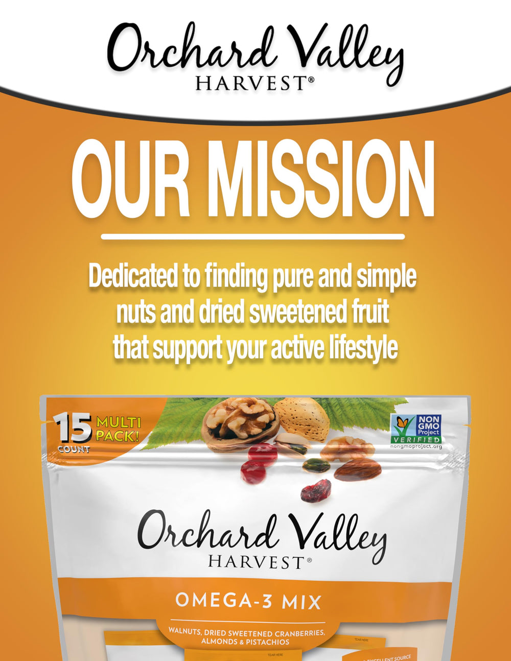 Orchard Valley Harvest Omega-3 Mix bag: convenient 1-ounce portions for snacking.