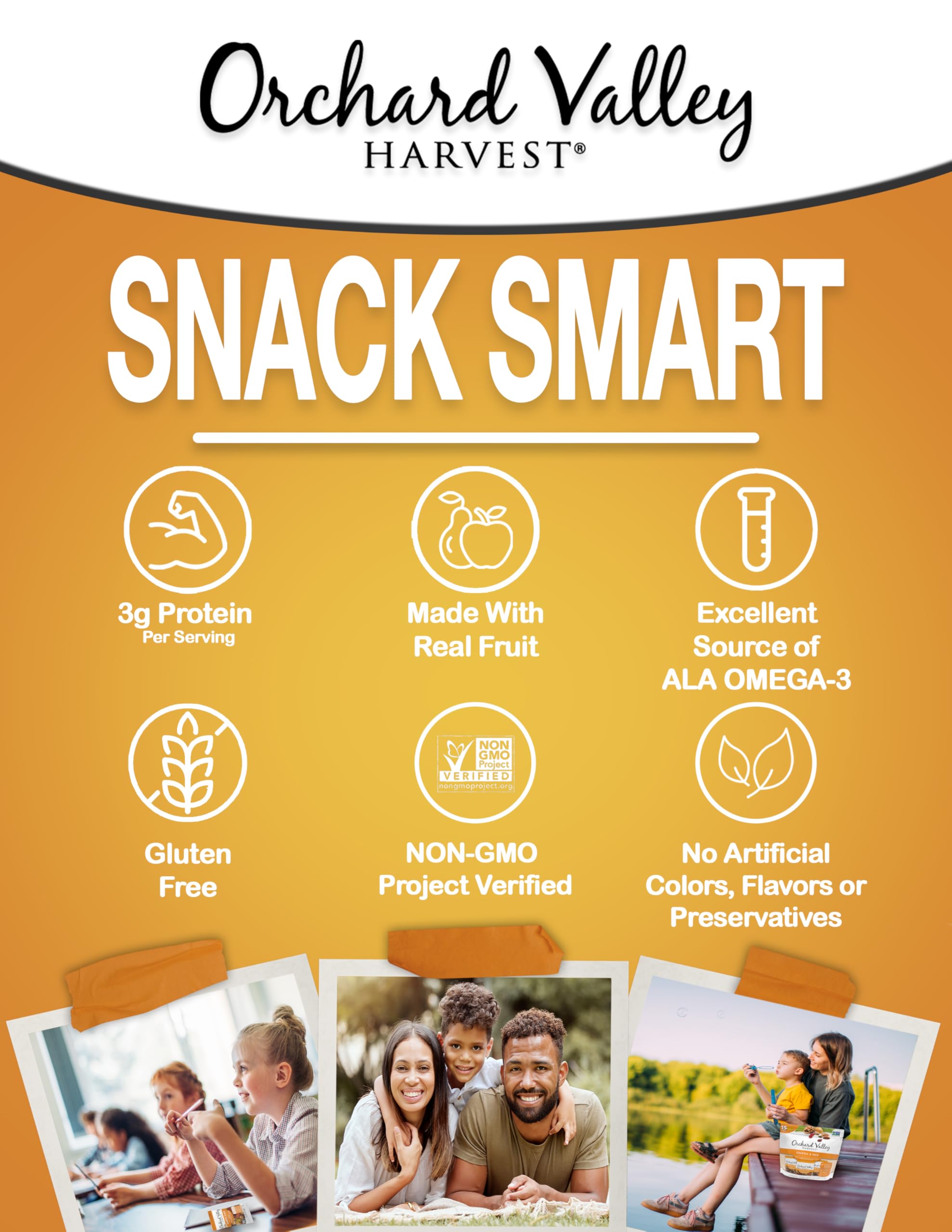 Orchard Valley Harvest Omega-3 Mix pistachios: naturally salty bite for active days.