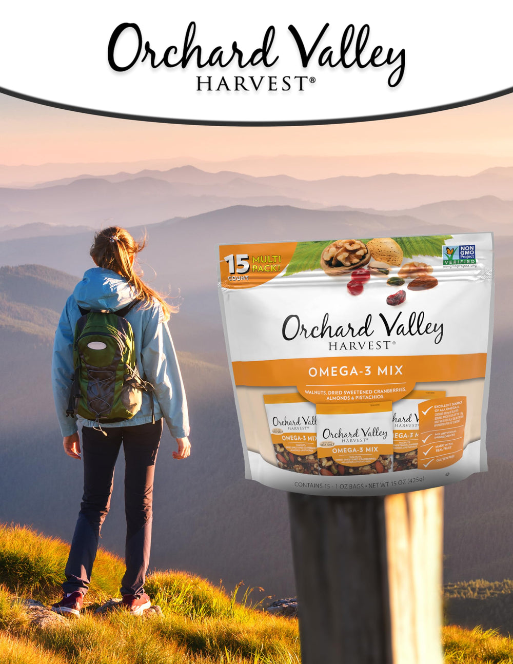 Orchard Valley Harvest Omega-3 Mix snack pack: perfect for lunches and travel.