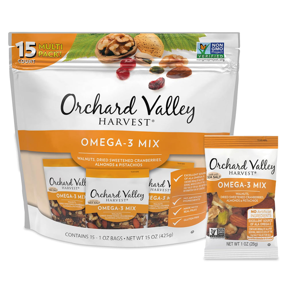 Orchard Valley Harvest Omega-3 Mix walnuts: crunchy, portable energy boost.