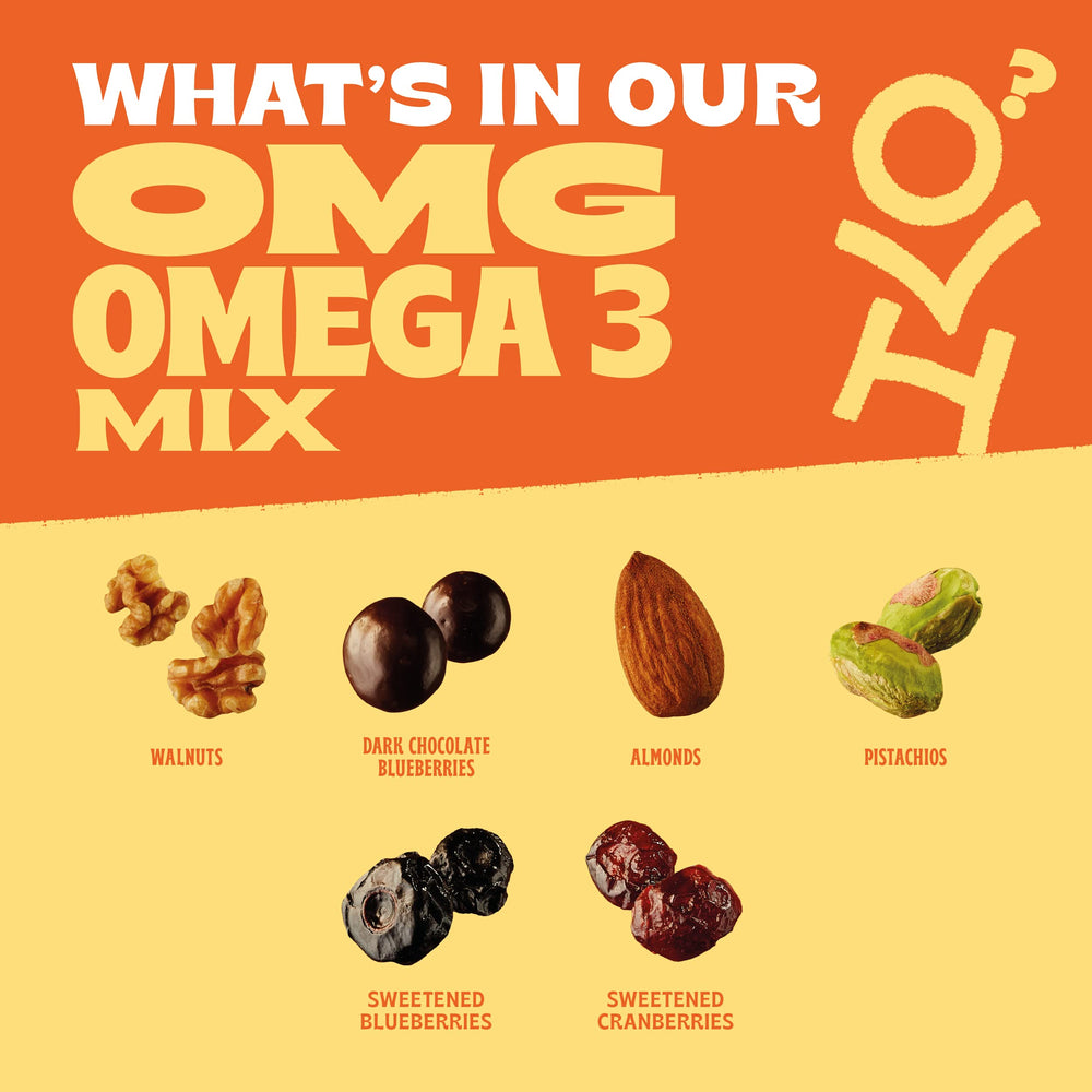 Orchard Valley Harvest OMG Omega-3 Mix almonds and pistachios, satisfying bite.