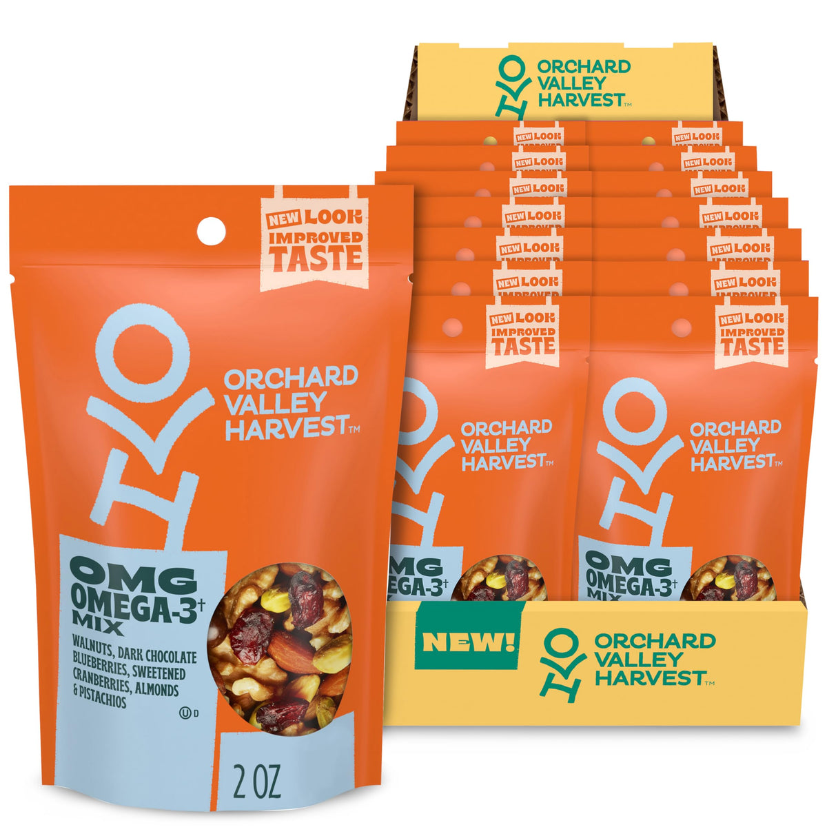 Orchard Valley Harvest OMG Omega-3 Mix bag close-up for on-the-go snacking.