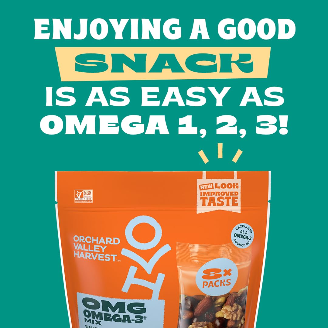 Orchard Valley Harvest OMG Omega-3 Mix dark chocolate blueberries close-up with sweet crunch.