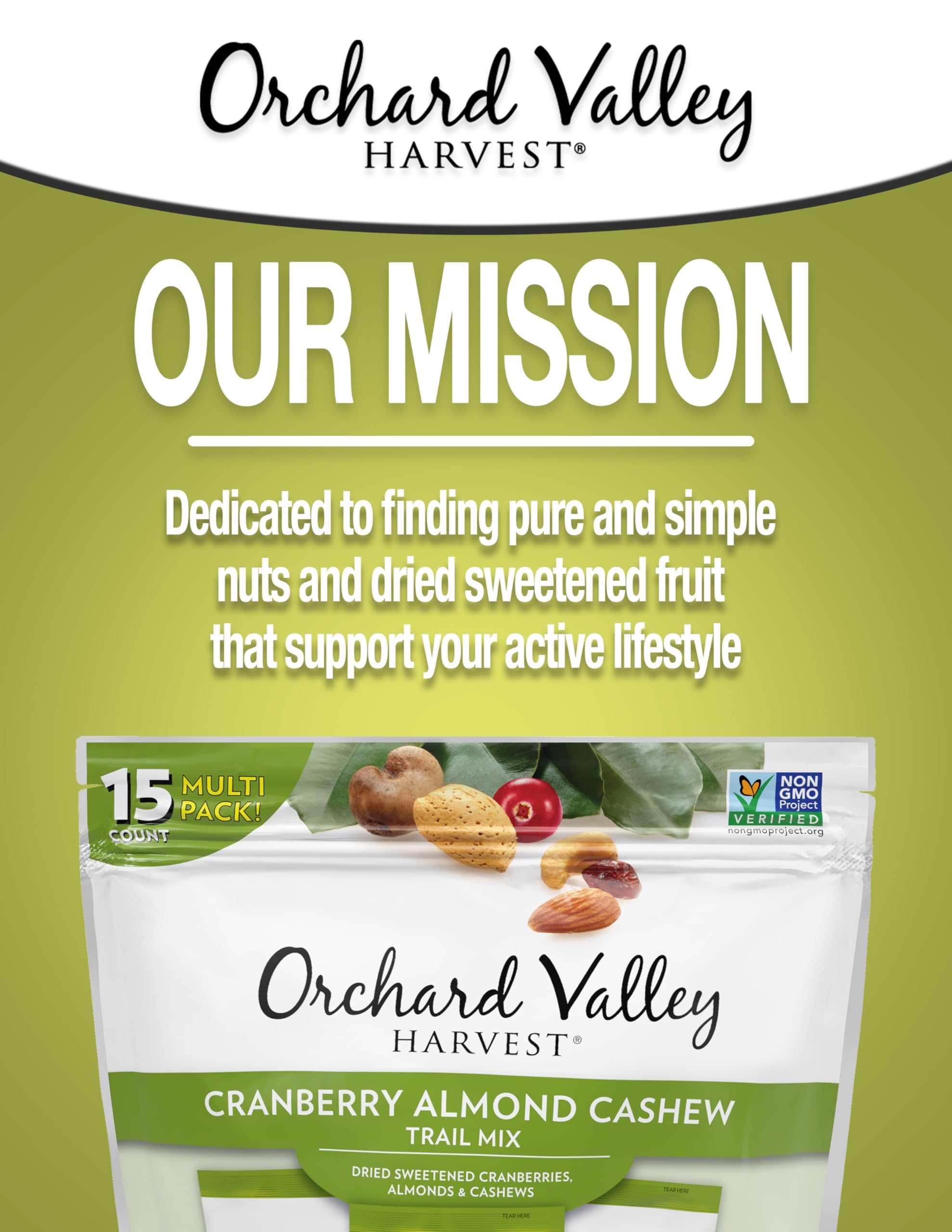 Orchard Valley Harvest packaging highlights Non-GMO verification and no artificial ingredients