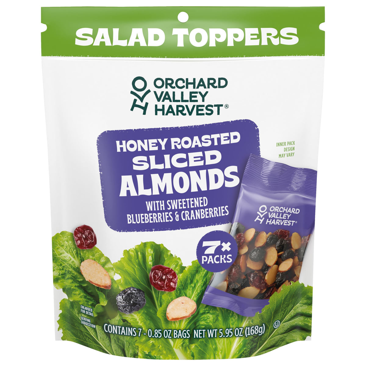 Orchard Valley Harvest Salad Toppers with almonds blueberries and cranberries on a fresh salad
