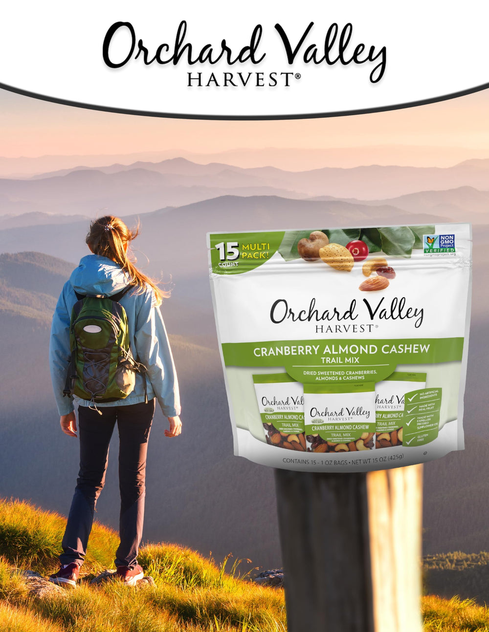 Orchard Valley Harvest Cranberry Almond Cashew Trail Mix enjoyed as a quick desk snack