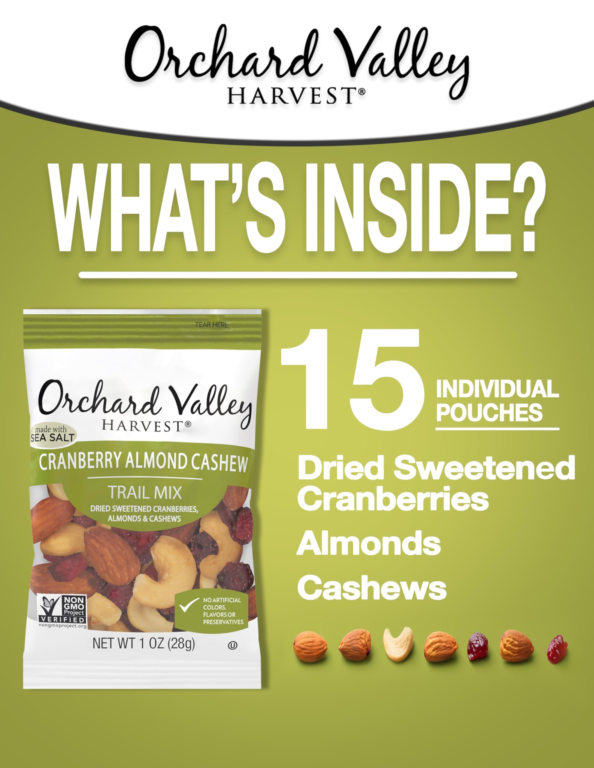 Orchard Valley Harvest Trail Mix single-serve pack held for quick work snack
