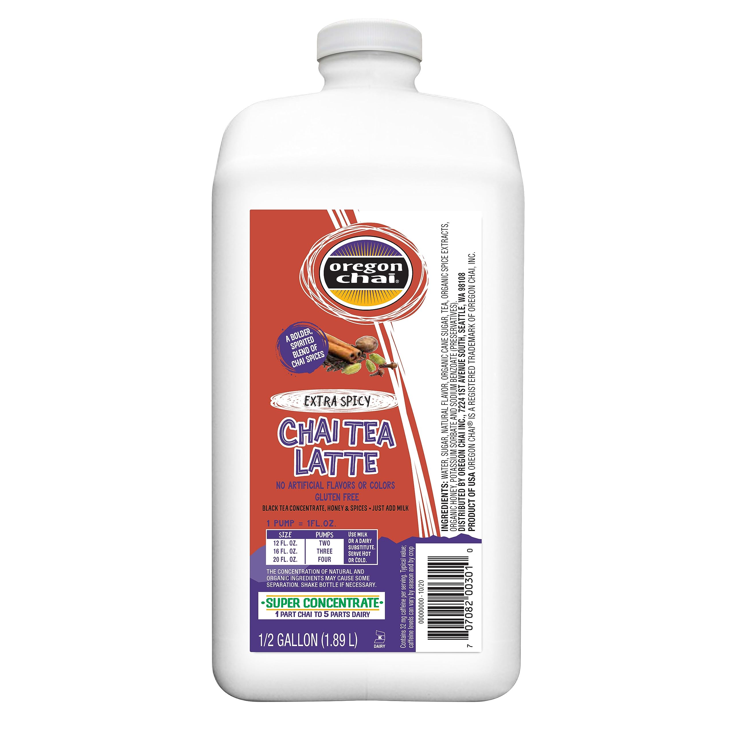 Oregon Chai Extra Spicy Concentrate in a 64 oz bottle, ideal for large-batch brewing.