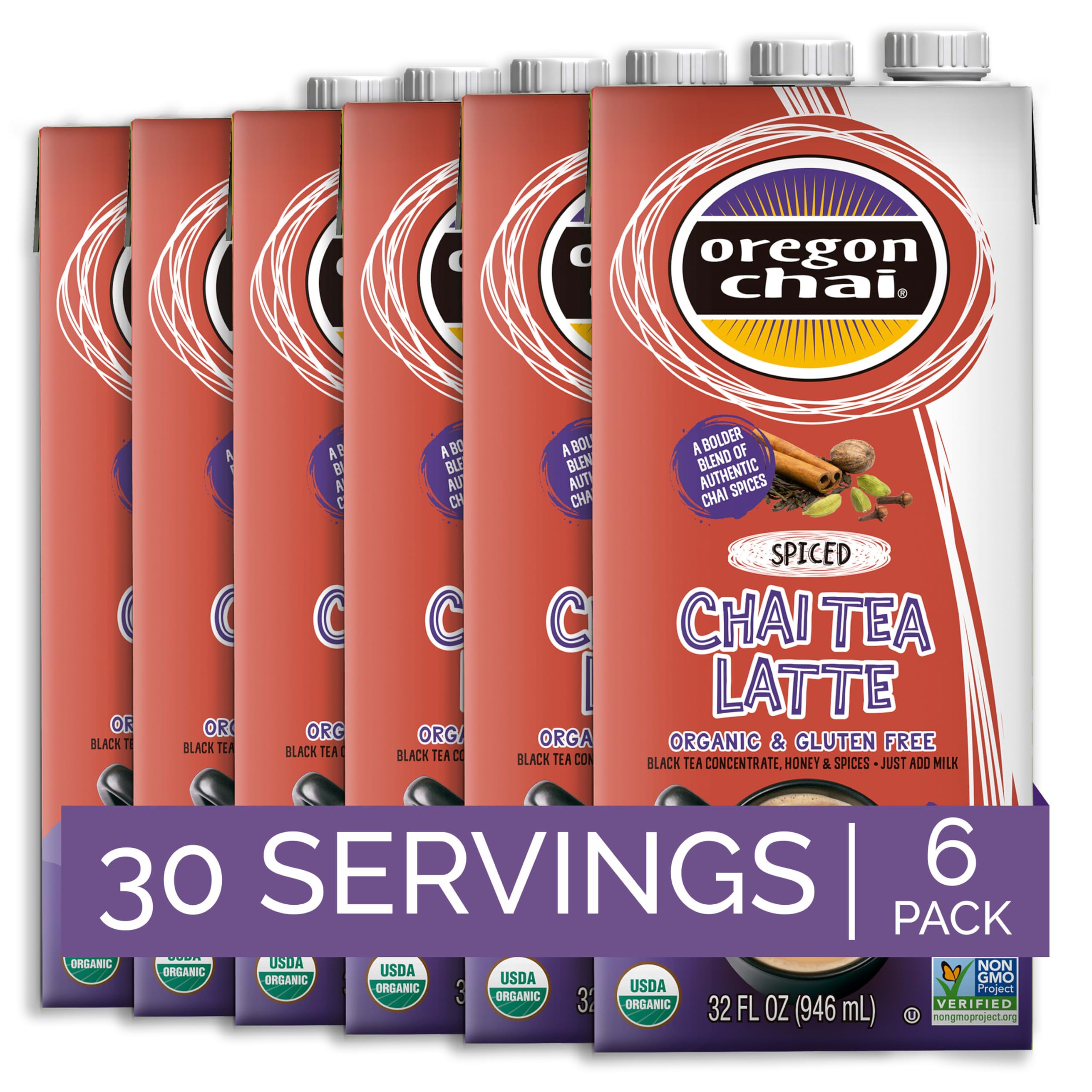 Oregon Chai Organic Spiced Chai Concentrate bottle front for rich latte at home.