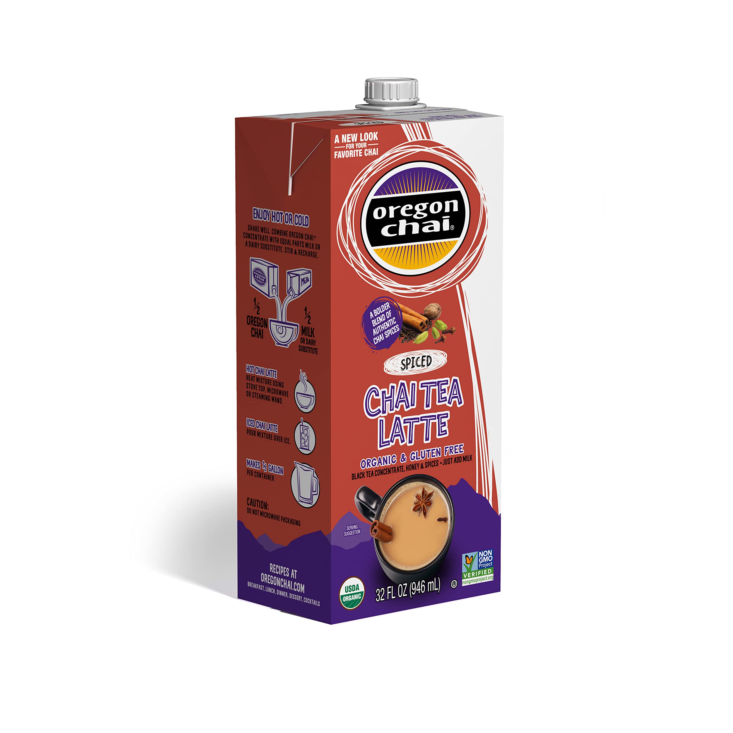 Oregon Chai packaging on shelf signaling sustainability and organic sourcing.