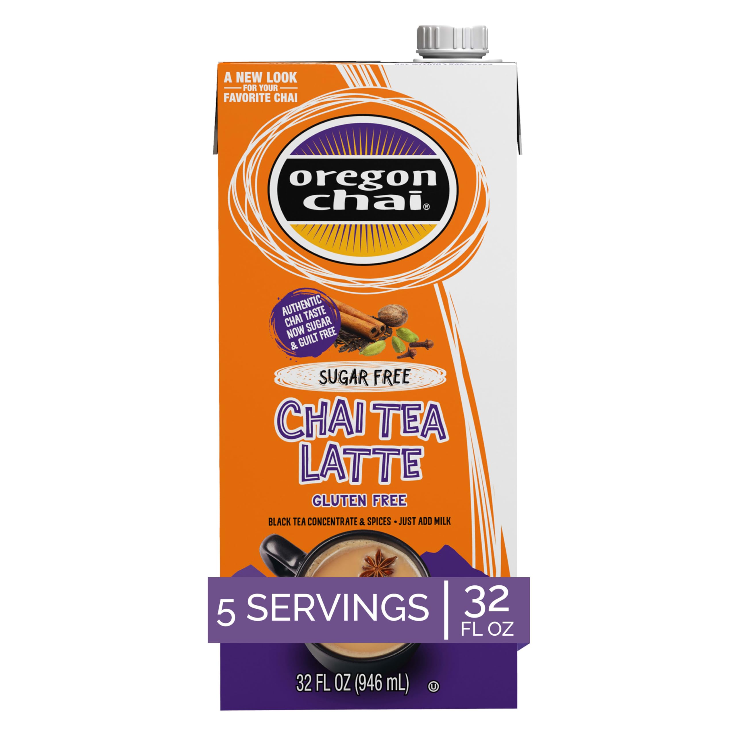 Oregon Chai Sugar Free Concentrate bottle front highlights zero sugar and convenient latte making.