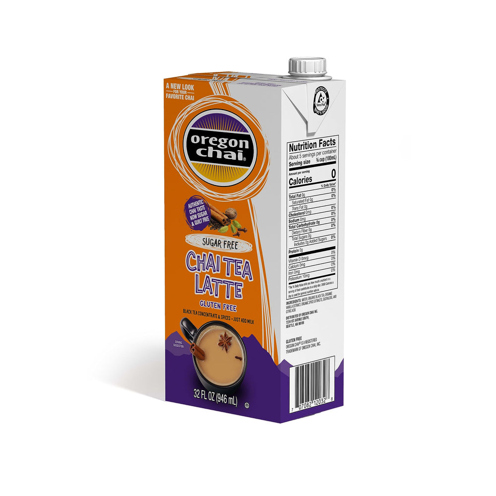 Oregon Chai Sugar Free Concentrate pouring into mug for hot creamy chai.