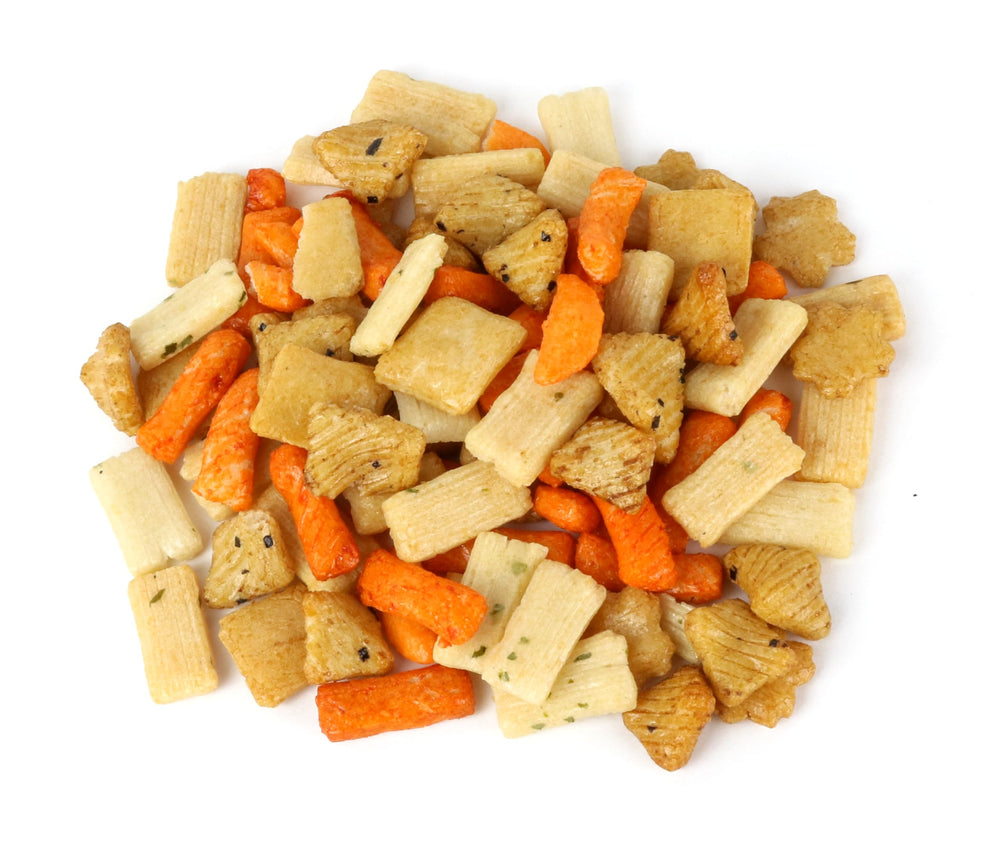 OREGON FARM FRESH SNACKS Asian Rice Crackers Mix bag close-up shows crisp texture for on-the-go snacking.