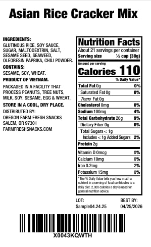OREGON FARM FRESH SNACKS Asian Rice Crackers Mix served in a bowl for sharing and topping.