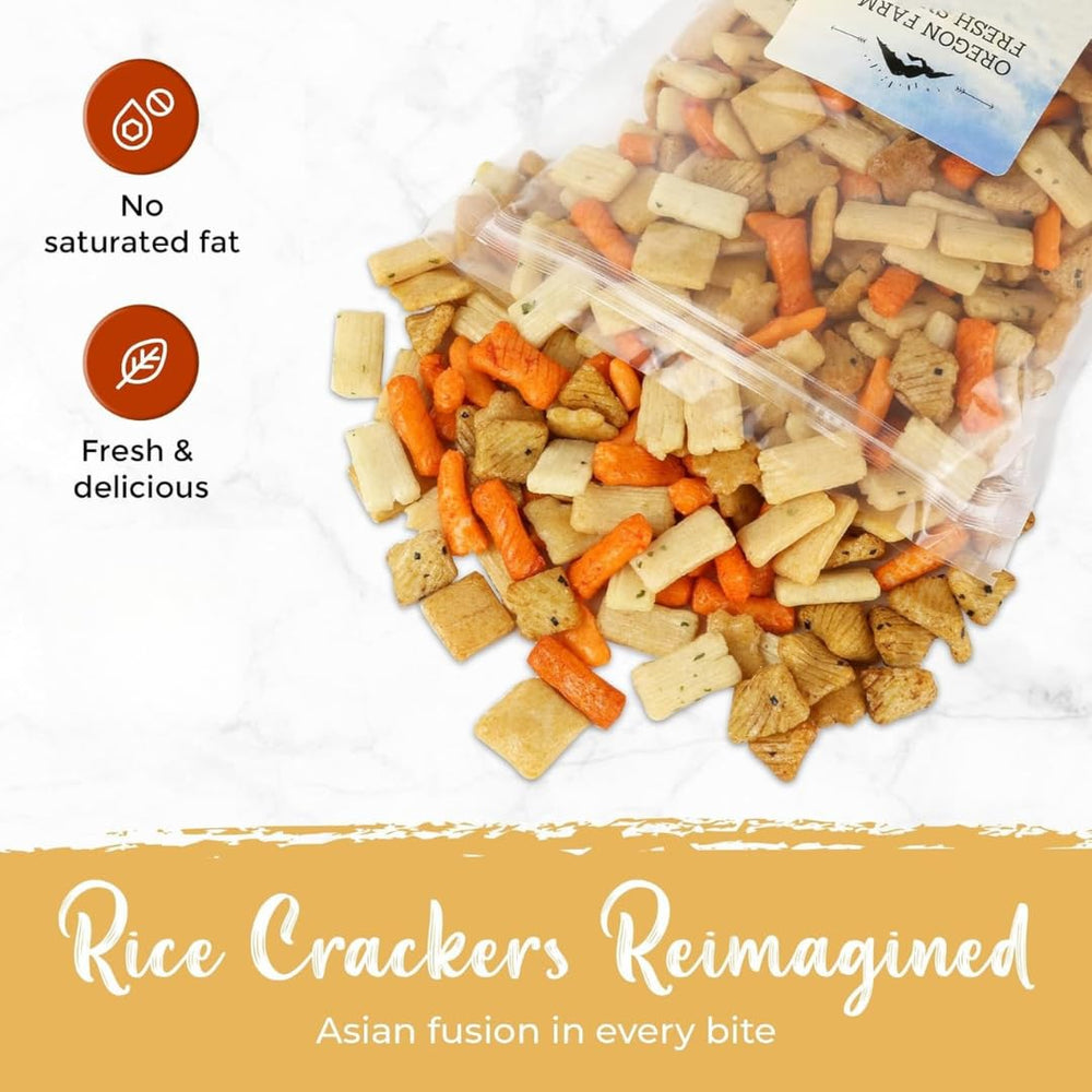 OREGON FARM FRESH SNACKS Asian Rice Crackers Mix variety in shapes ideal for nibbling.