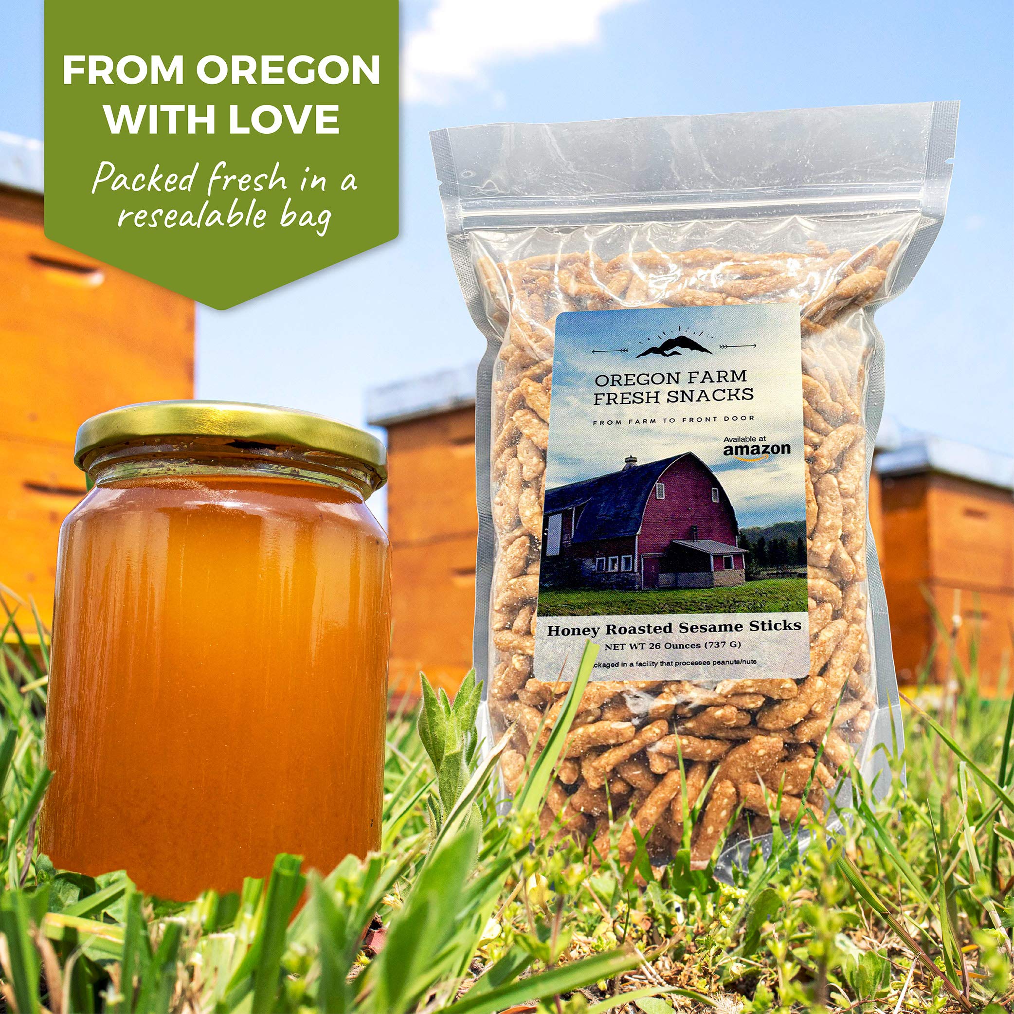 Oregon Farm Fresh Snacks Honey Roasted Sesame Sticks resealable bag preserves crunch.