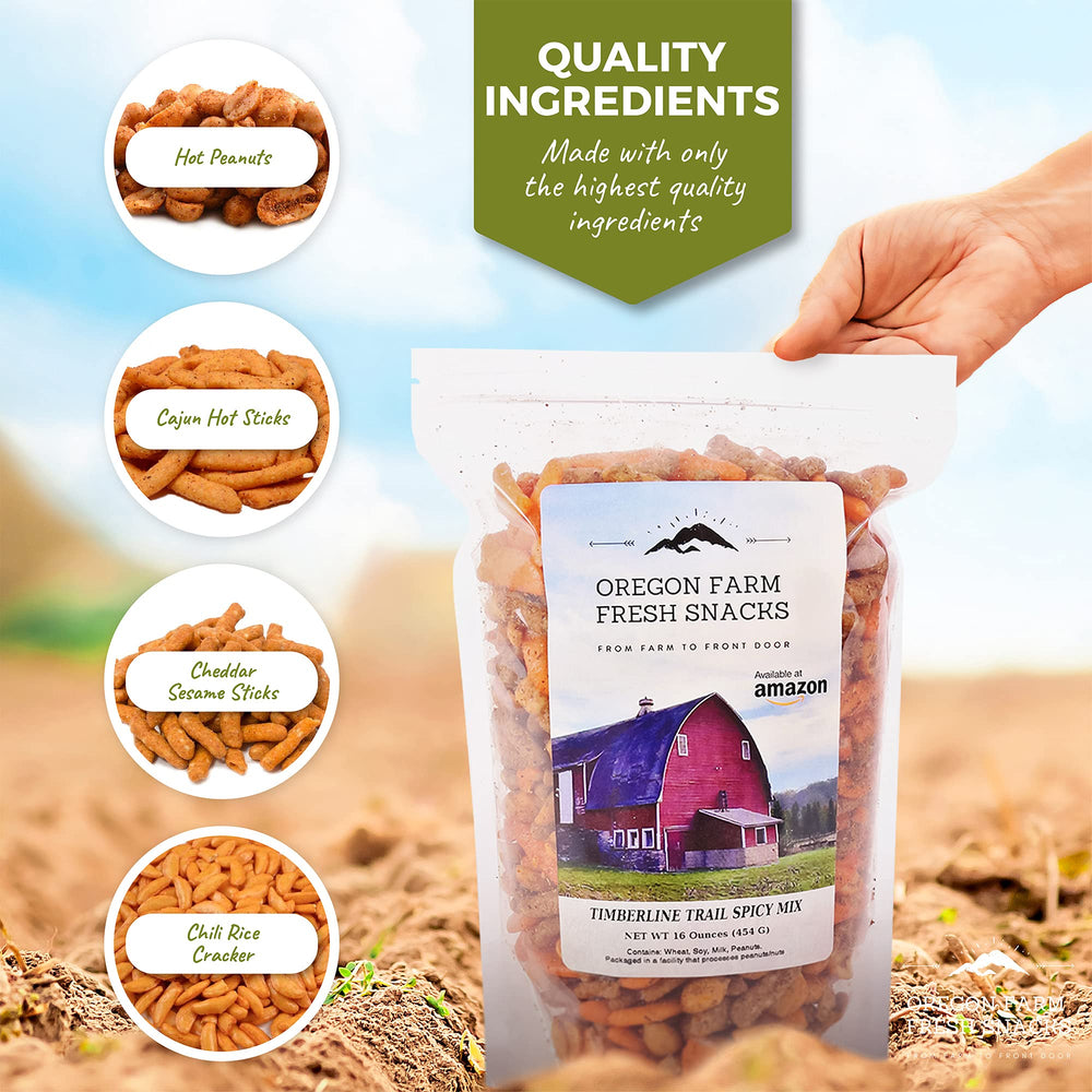 Spicy nuts and crackers closeup from Oregon Farm Fresh Snacks highlights bold textures.
