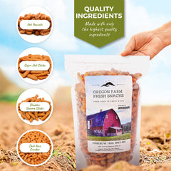 Spicy nuts and crackers closeup from Oregon Farm Fresh Snacks highlights bold textures.