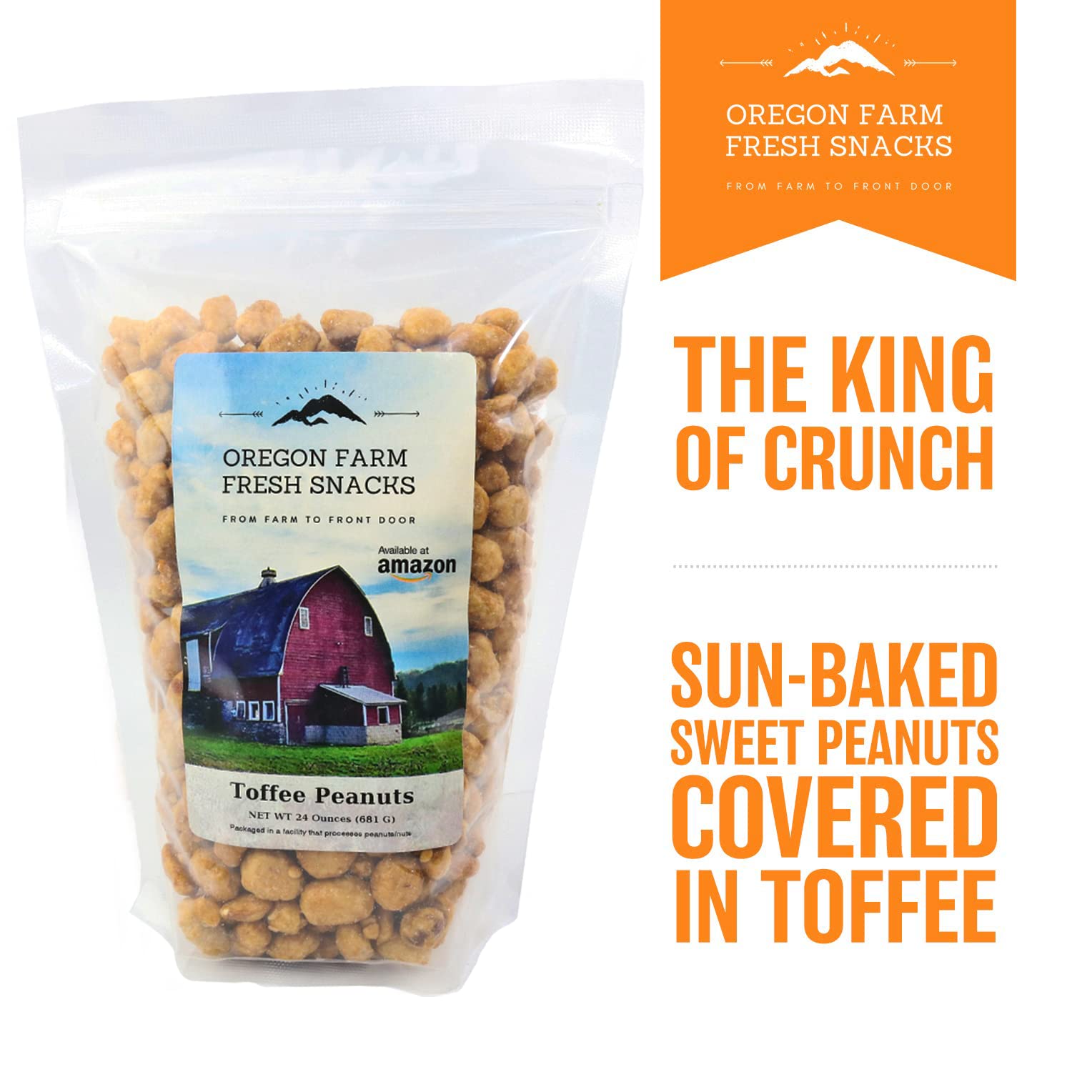 OREGON FARM FRESH SNACKS Toffee Peanuts closeup reveals crisp texture and rich caramel notes.