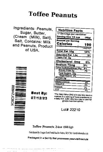 OREGON FARM FRESH SNACKS Toffee Peanuts ingredients list highlights simple, natural components.