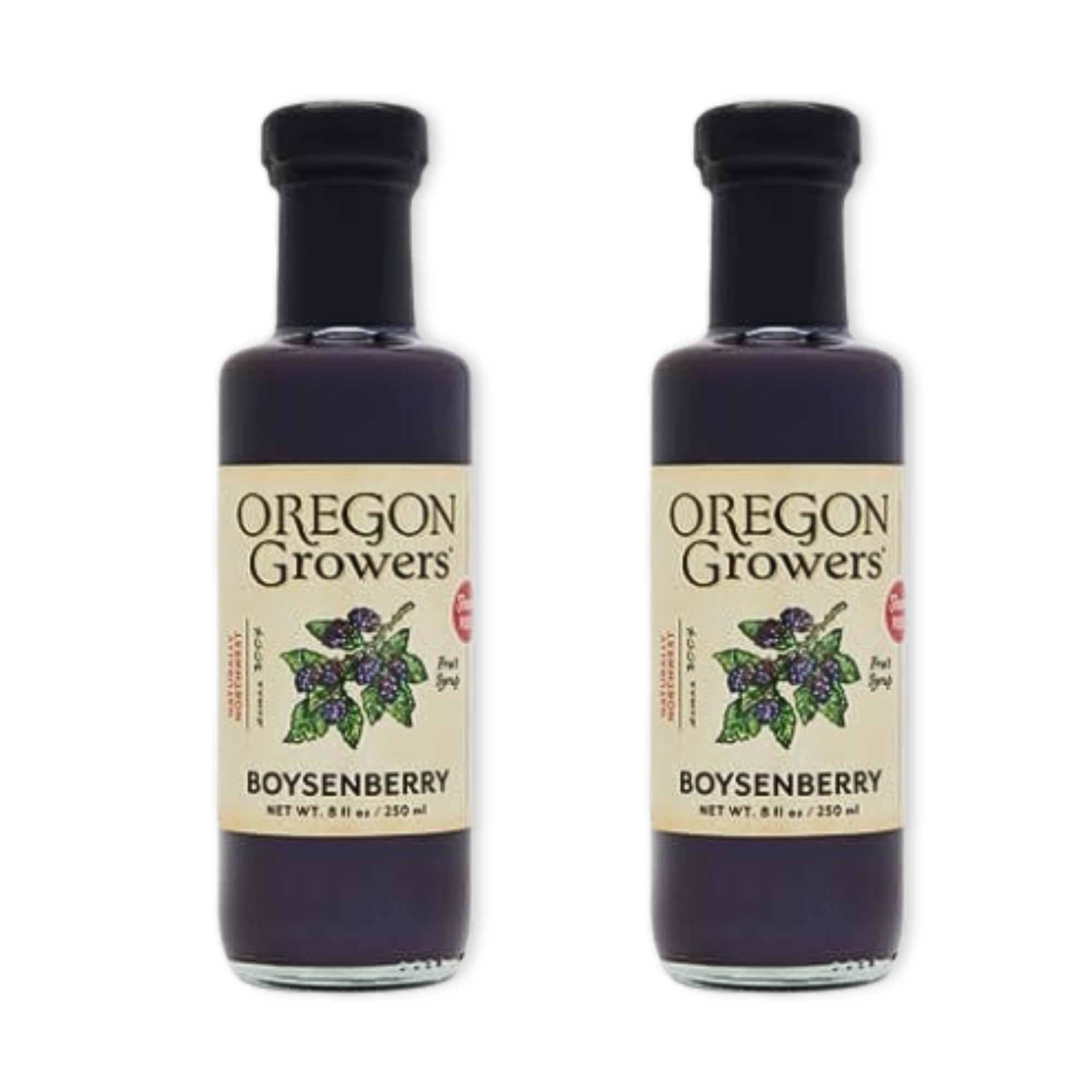 Oregon Growers Boysenberry Syrup bottle pour enhances pancakes with rich berry flavor.