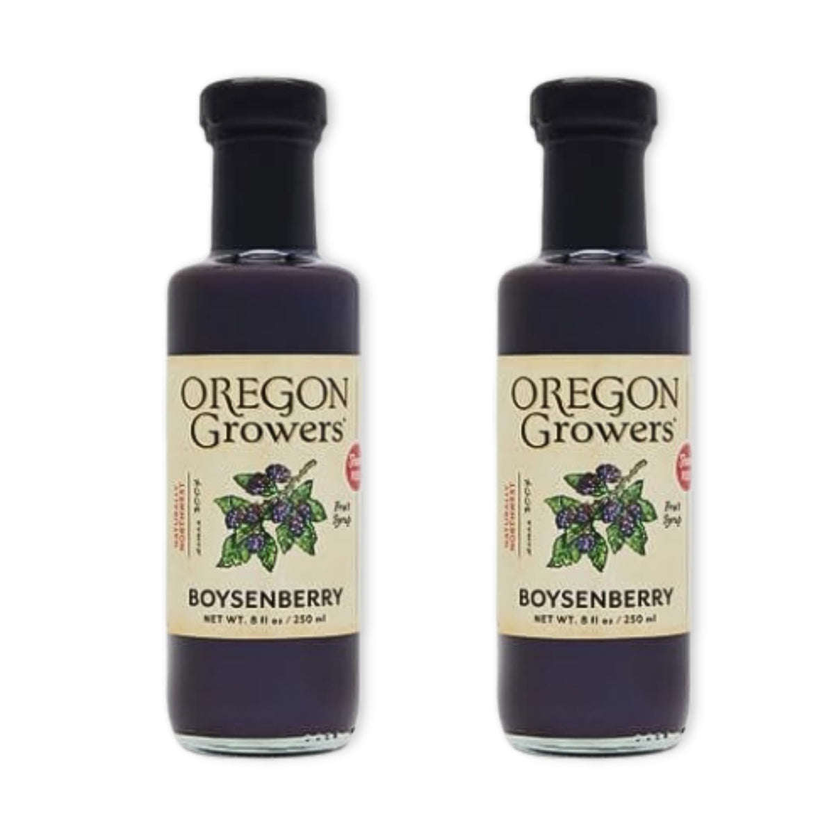 Oregon Growers Boysenberry Syrup bottle pour enhances pancakes with rich berry flavor.