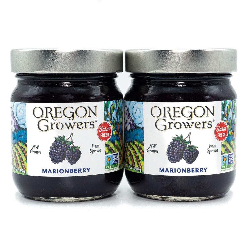 Front view of Oregon Growers Marionberry Fruit Spread jar showing bright berry aroma.