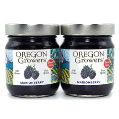 Front view of Oregon Growers Marionberry Fruit Spread jar showing bright berry aroma.