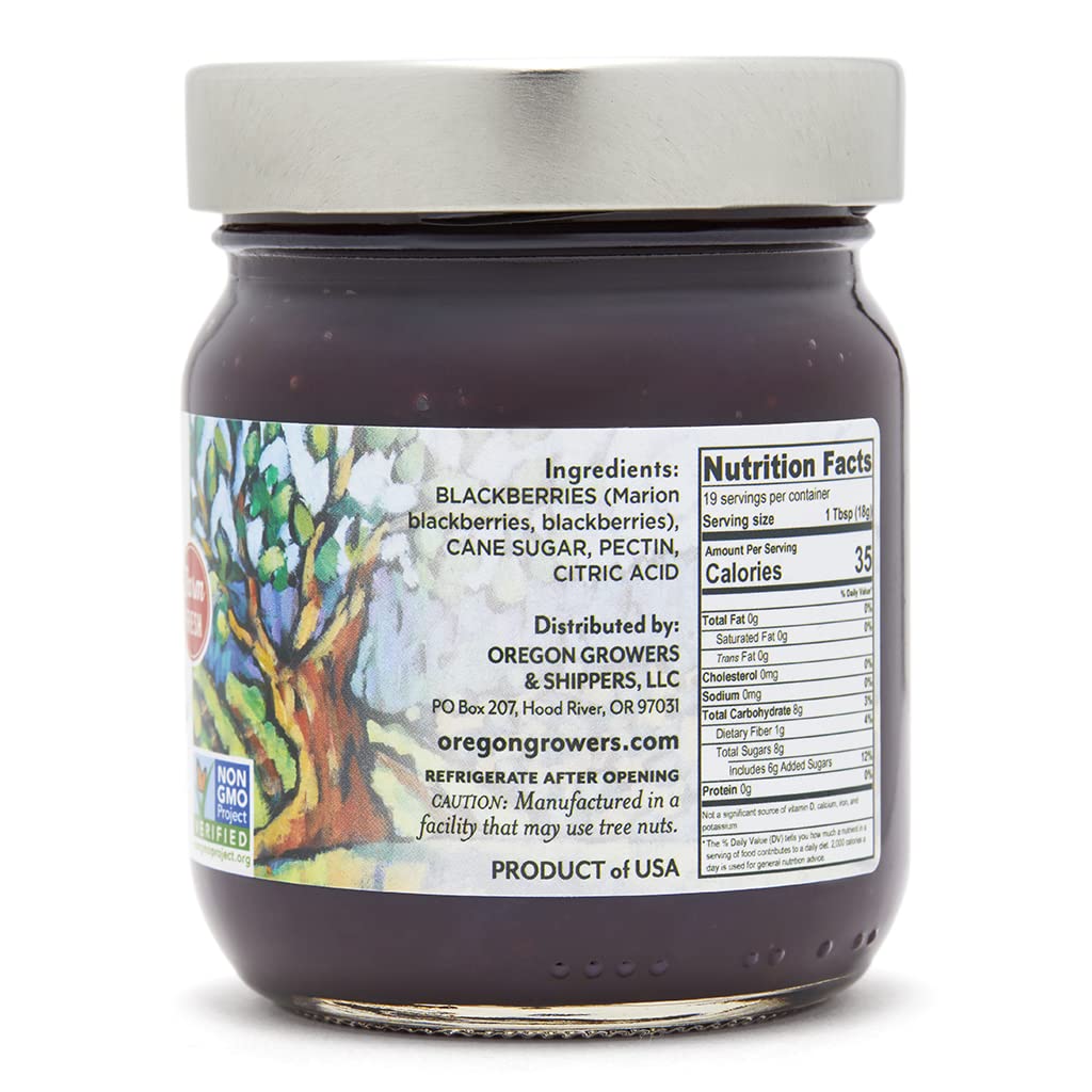 Oregon Growers Marionberry Spread label closeup—local, non-GMO ingredients highlighted.
