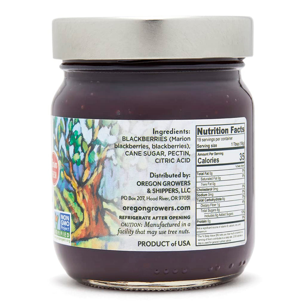 Oregon Growers Marionberry Spread label closeup—local, non-GMO ingredients highlighted.