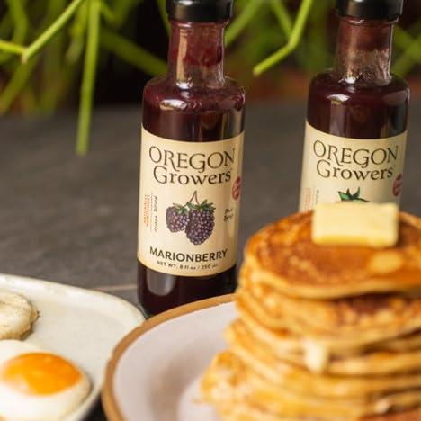 Marionberry syrup glaze on dessert with Oregon Growers branding for quality