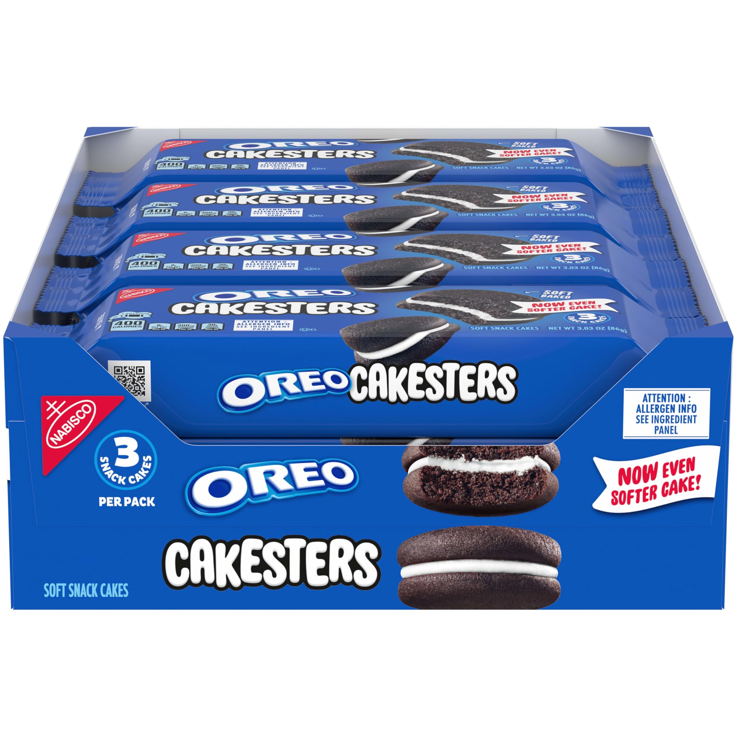 OREO Cakesters pack display with eight snack packs for easy grab-and-go indulgence