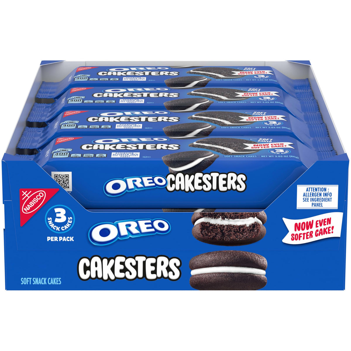 OREO Cakesters pack display with eight snack packs for easy grab-and-go indulgence