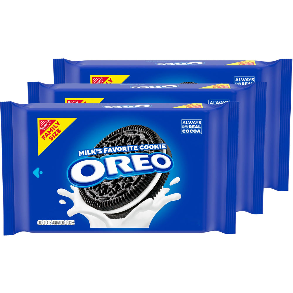 OREO chocolate sandwich cookie package on shelf, ideal for family gatherings and quick snacking.